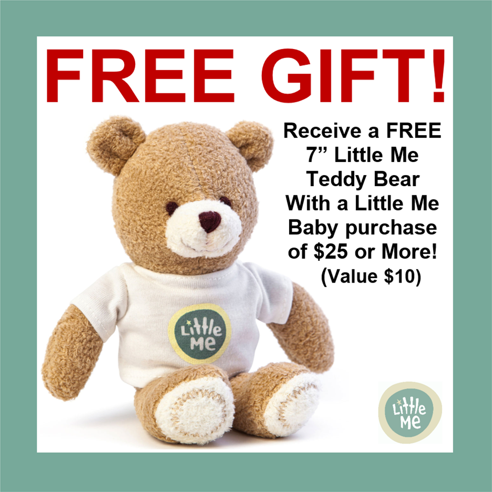 Promotional image of a teddy bear with a 'Little Me' t-shirt and text about a free gift offer.