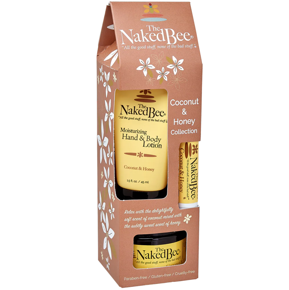 Naked Bee Coconut & Honey Collection packaging with lotion, body wash, and balm.
