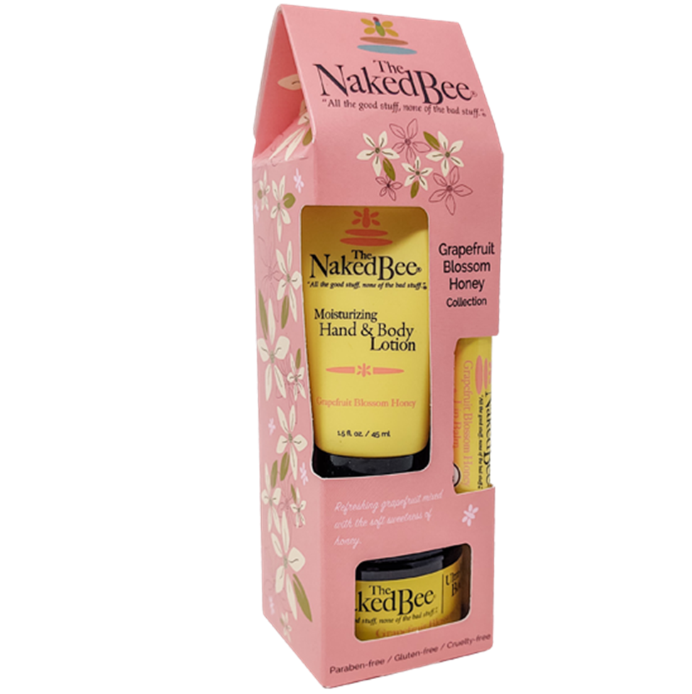 Naked Bee Grapefruit Blossom Honey product set with pink packaging on a white background