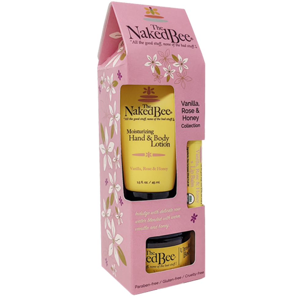 Naked Bee hand and body lotion set in a pink packaging with floral designs.