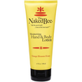 Yellow tube of Naked Bee moisturizing hand and body lotion on a white background