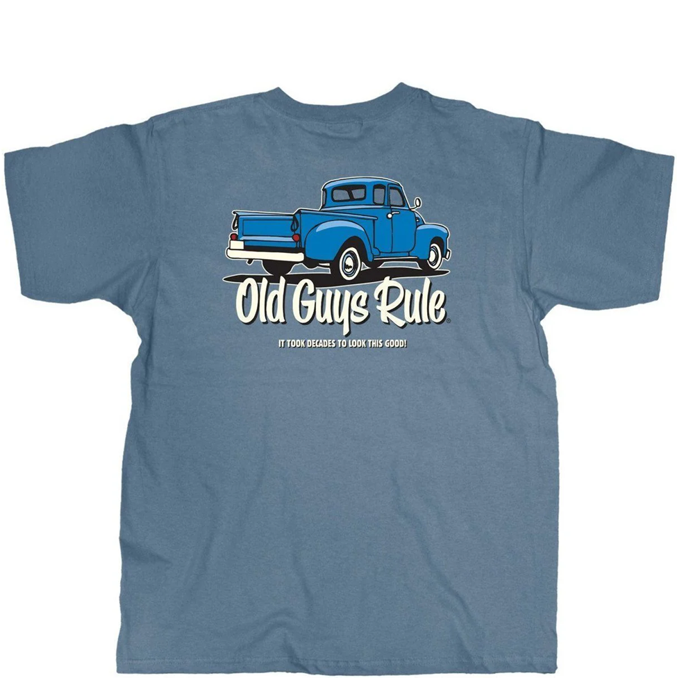 Blue t-shirt with a graphic of an old truck and 'Old Guys Rule' text on a white background