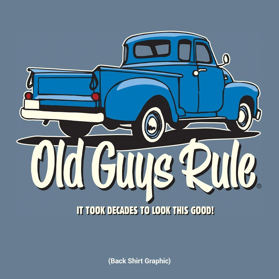 Blue vintage truck graphic with 'Old Guys Rule' text on a gray background