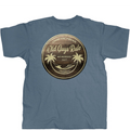 Blue t-shirt with 'Old Guys Rule' logo featuring palm trees and text on a white background