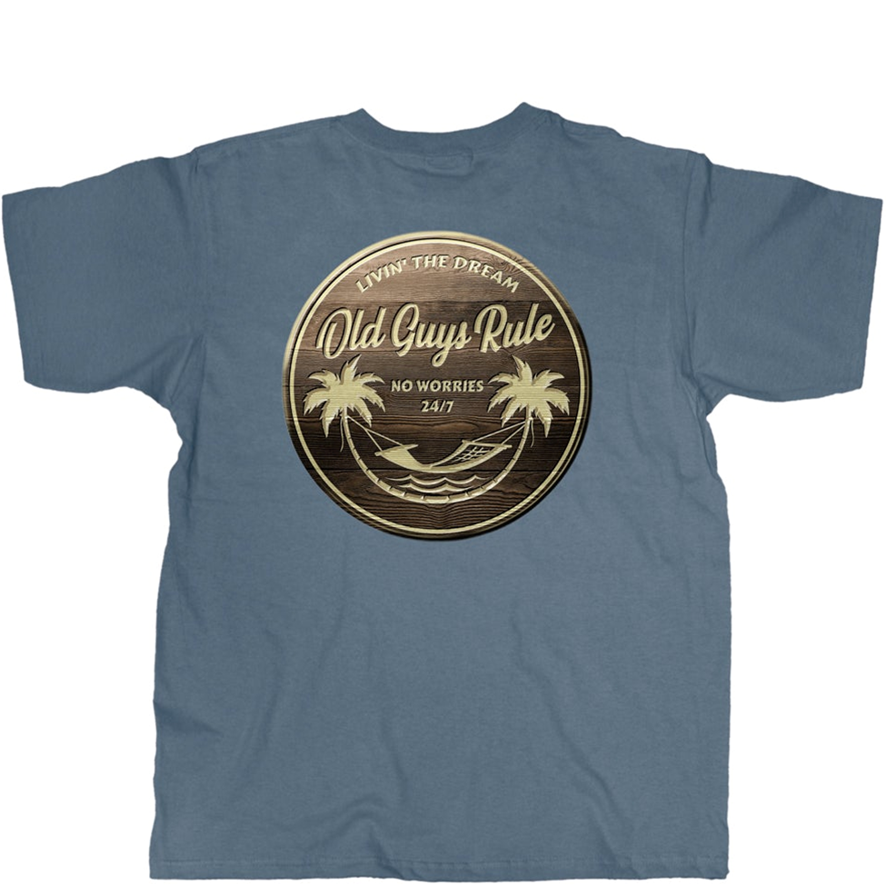 Blue t-shirt with 'Old Guys Rule' logo featuring palm trees and text on a white background