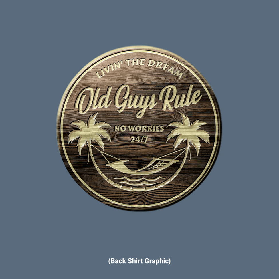 Circular logo with 'Old Guys Rule' text and palm tree design on a blue background