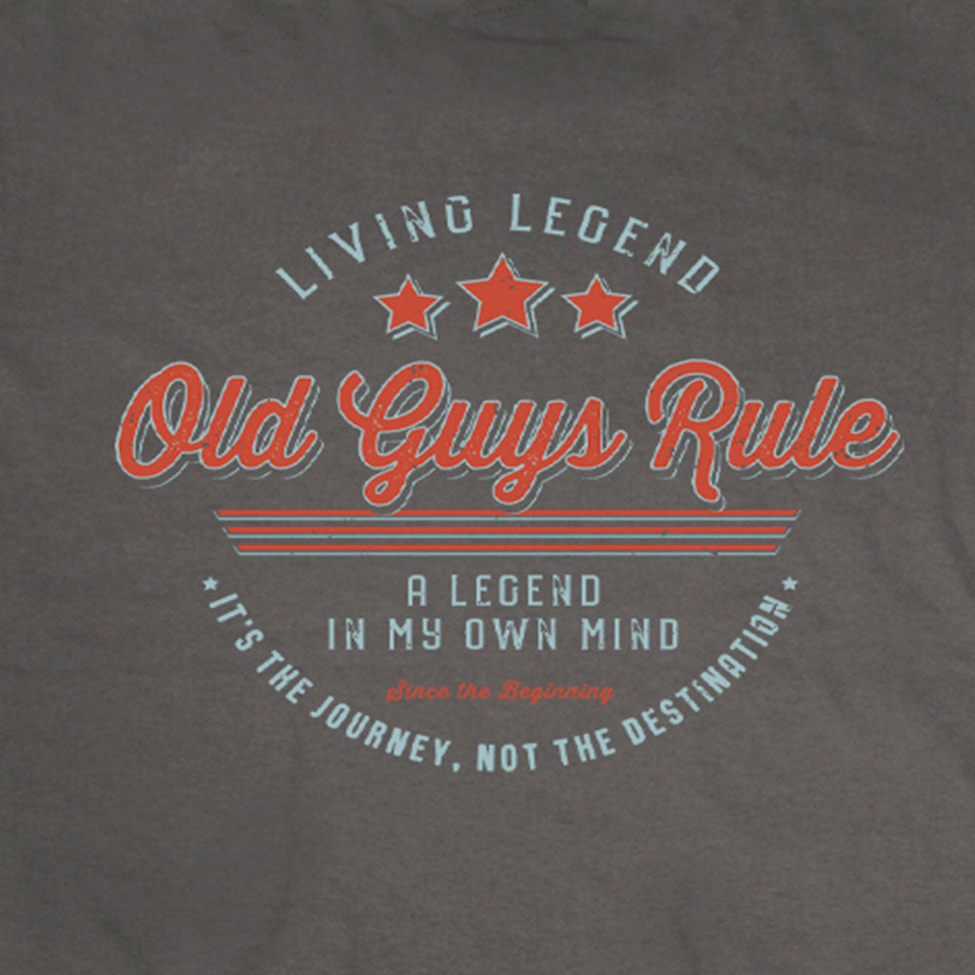 Dark gray t-shirt with 'Old Guys Rule' text and design on a plain background