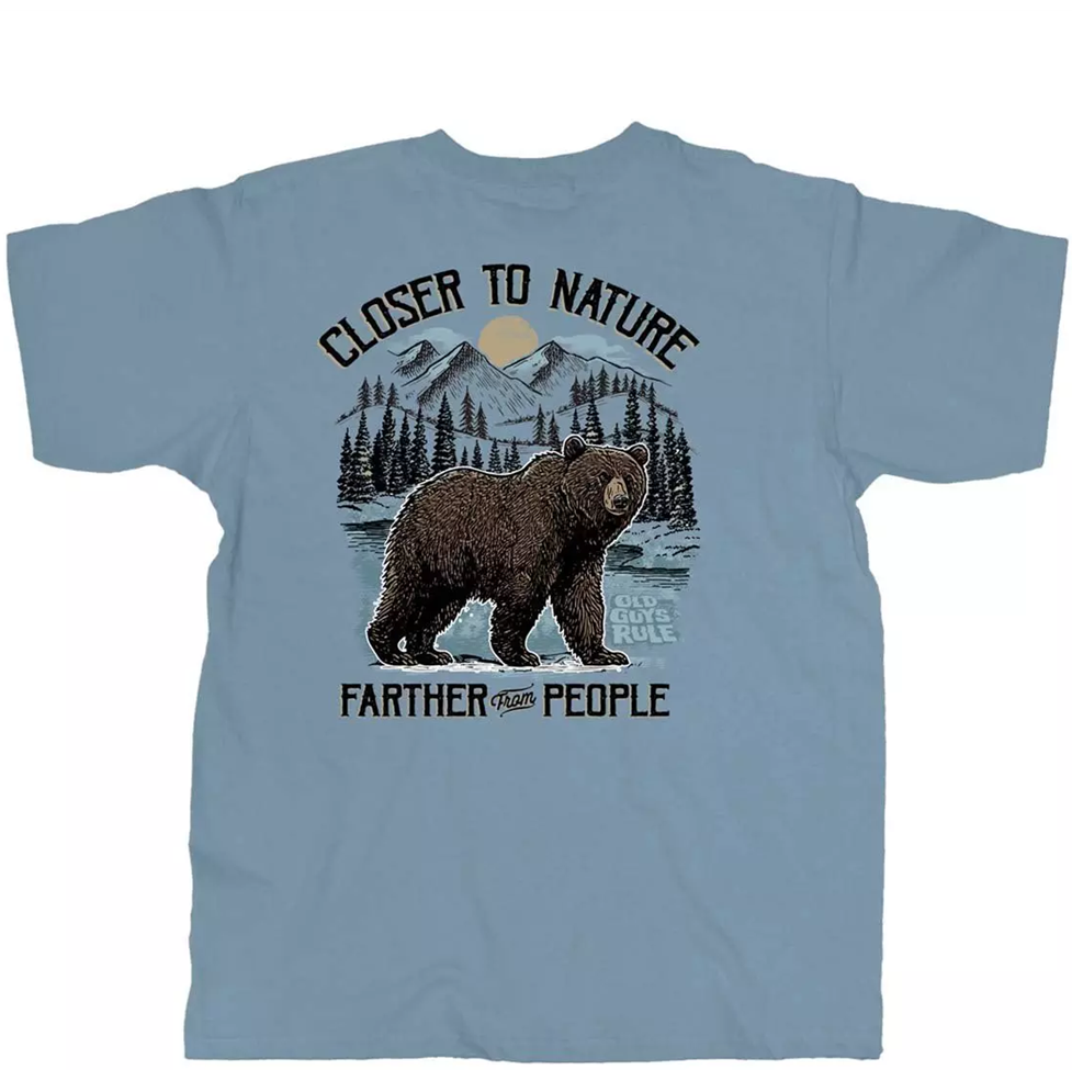 Light blue t-shirt with bear graphic and text on a white background