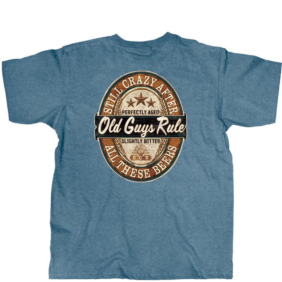 Blue t-shirt with 'Old Guys Rule' graphic on a white background