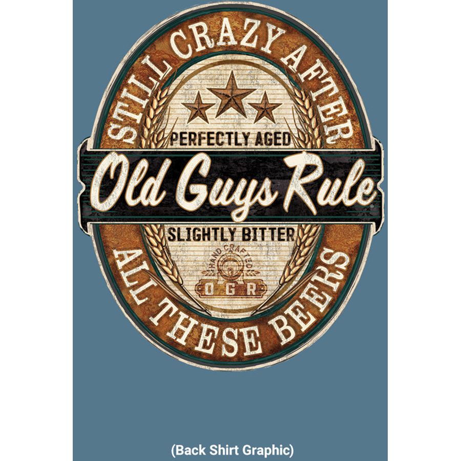 Vintage-style beer label graphic with 'Old Guys Rule' text on a blue background