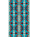 Colorful geometric patterned rug with a blue background
