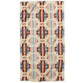 Beige towel with red and blue geometric pattern on a white background
