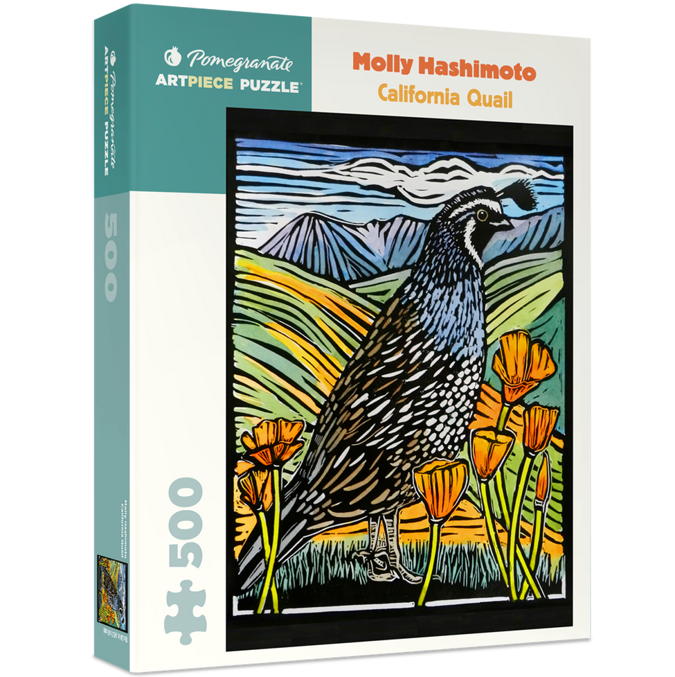 Puzzle box featuring a California Quail illustration by Molly Hashimoto with Pomegranate branding.