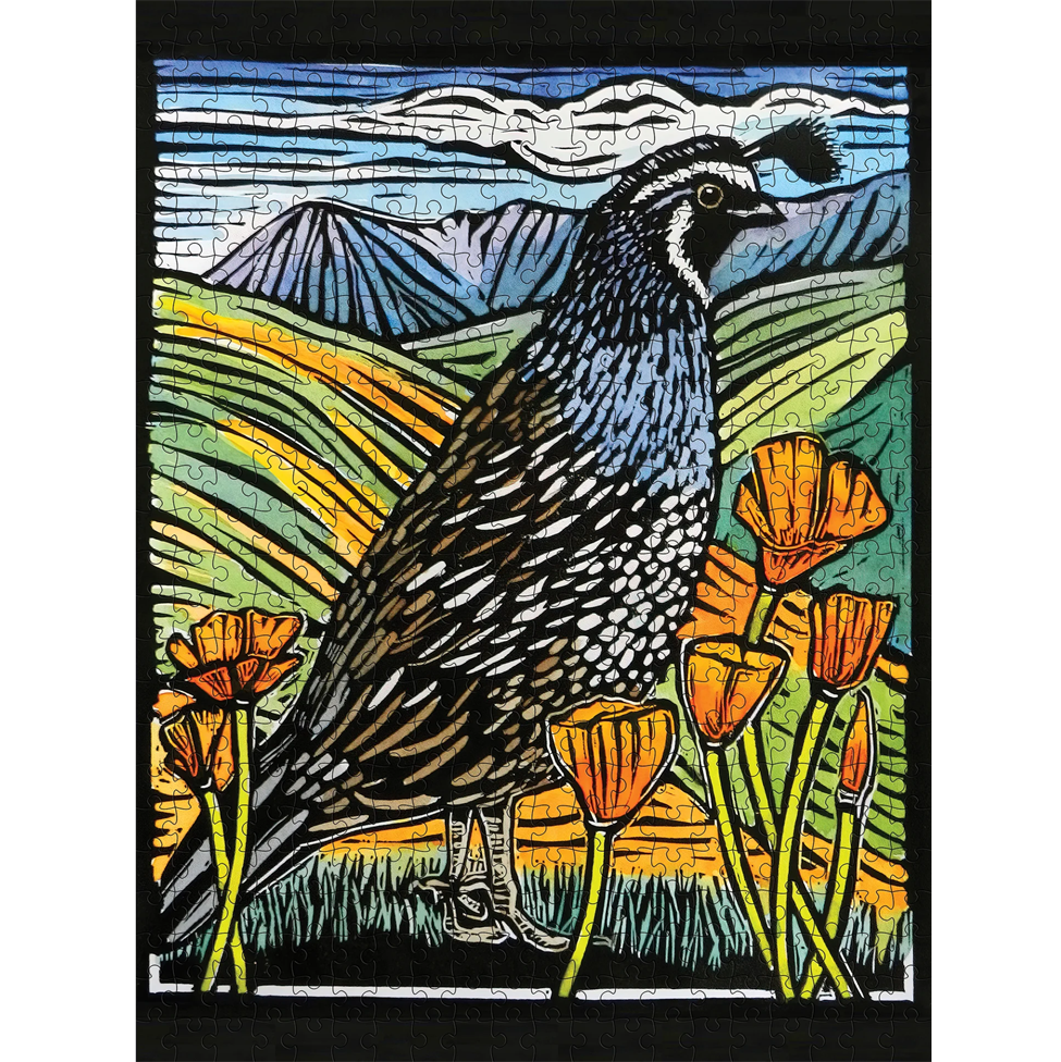 Jigsaw puzzle with a quail and flowers design on a mountain background