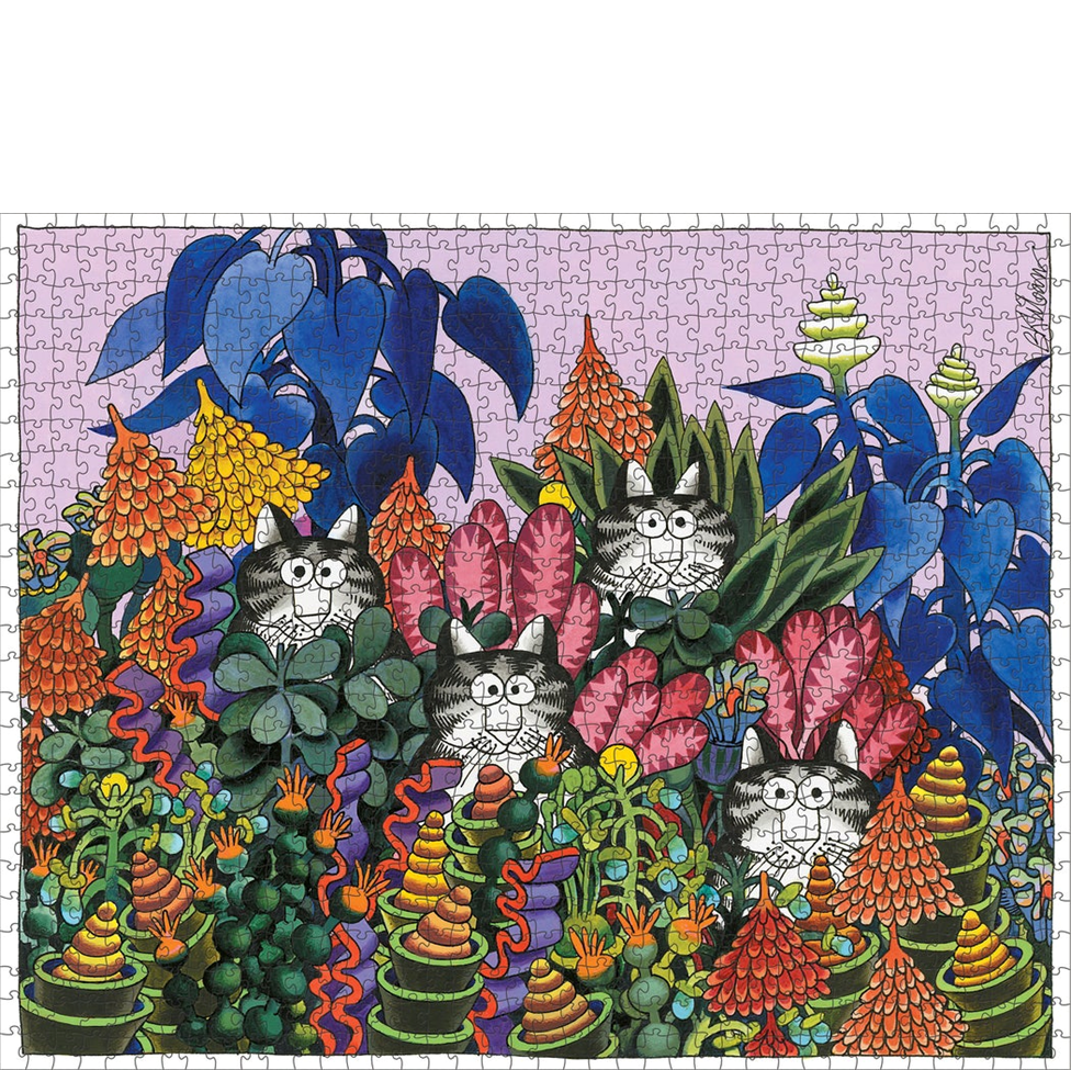 Colorful puzzle with cats and plants on a white background