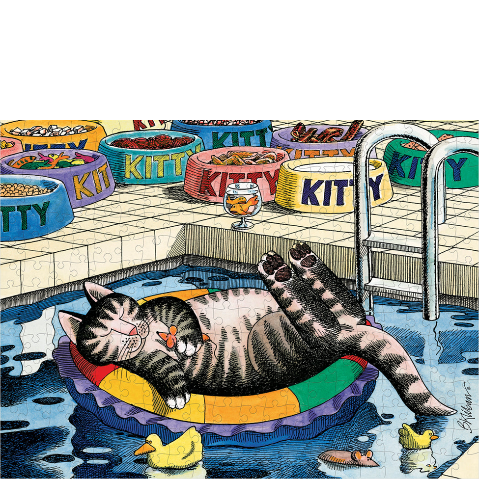 Cat lounging on a colorful inner tube in a pool with 'KITTY' bowls in the background