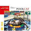 Jigsaw puzzle packaging featuring a cat in a pool with colorful pet bowls in the background.