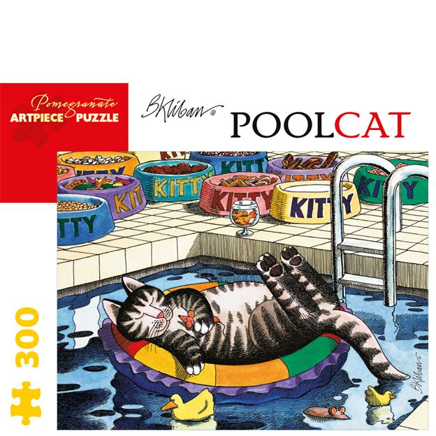 Jigsaw puzzle packaging featuring a cat in a pool with colorful pet bowls in the background.