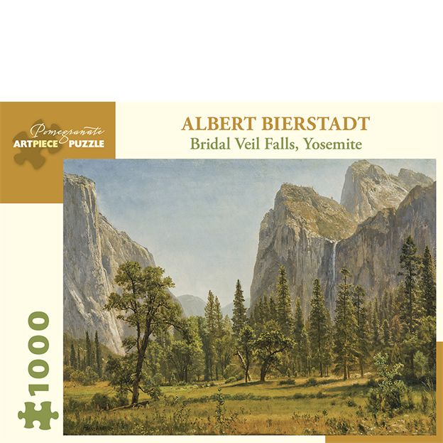Jigsaw puzzle packaging featuring 'Bridal Veil Falls, Yosemite' by Albert Bierstadt with Pomegranate logo.