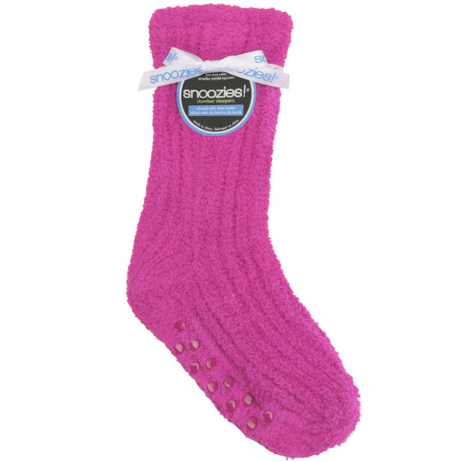 Pink sock with 'snoozies' label on a white background