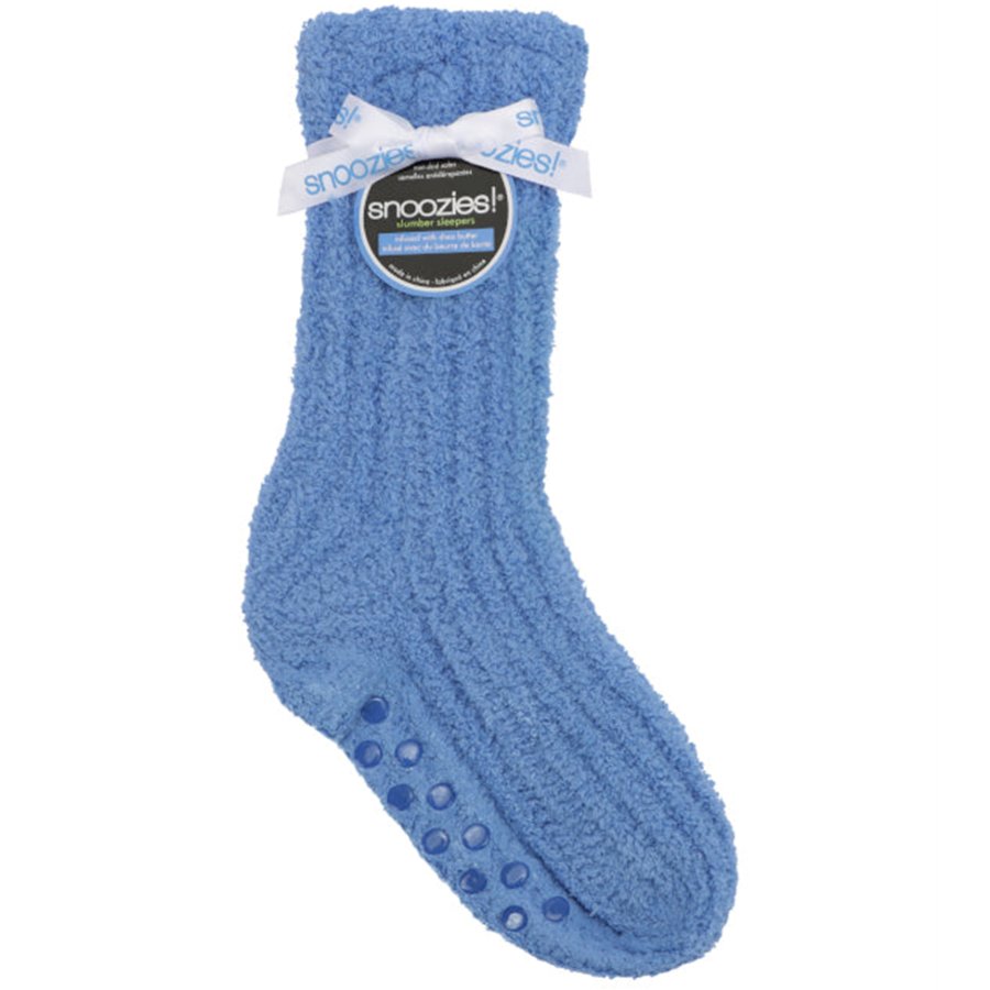 Blue sock with a white label on a white background