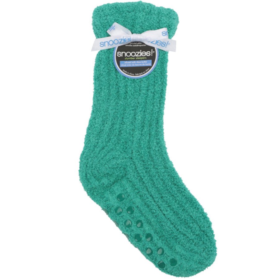 Green sock with a label on a white background