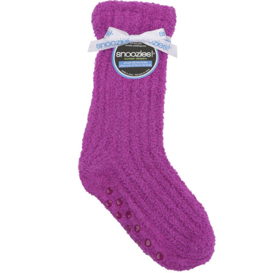 Purple sock with a label on a white background