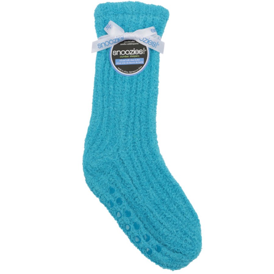 Turquoise sock with a brand label on a white background