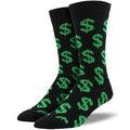 Black socks with green dollar sign pattern on a white background