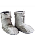 Pair of gray fuzzy slippers on a white background