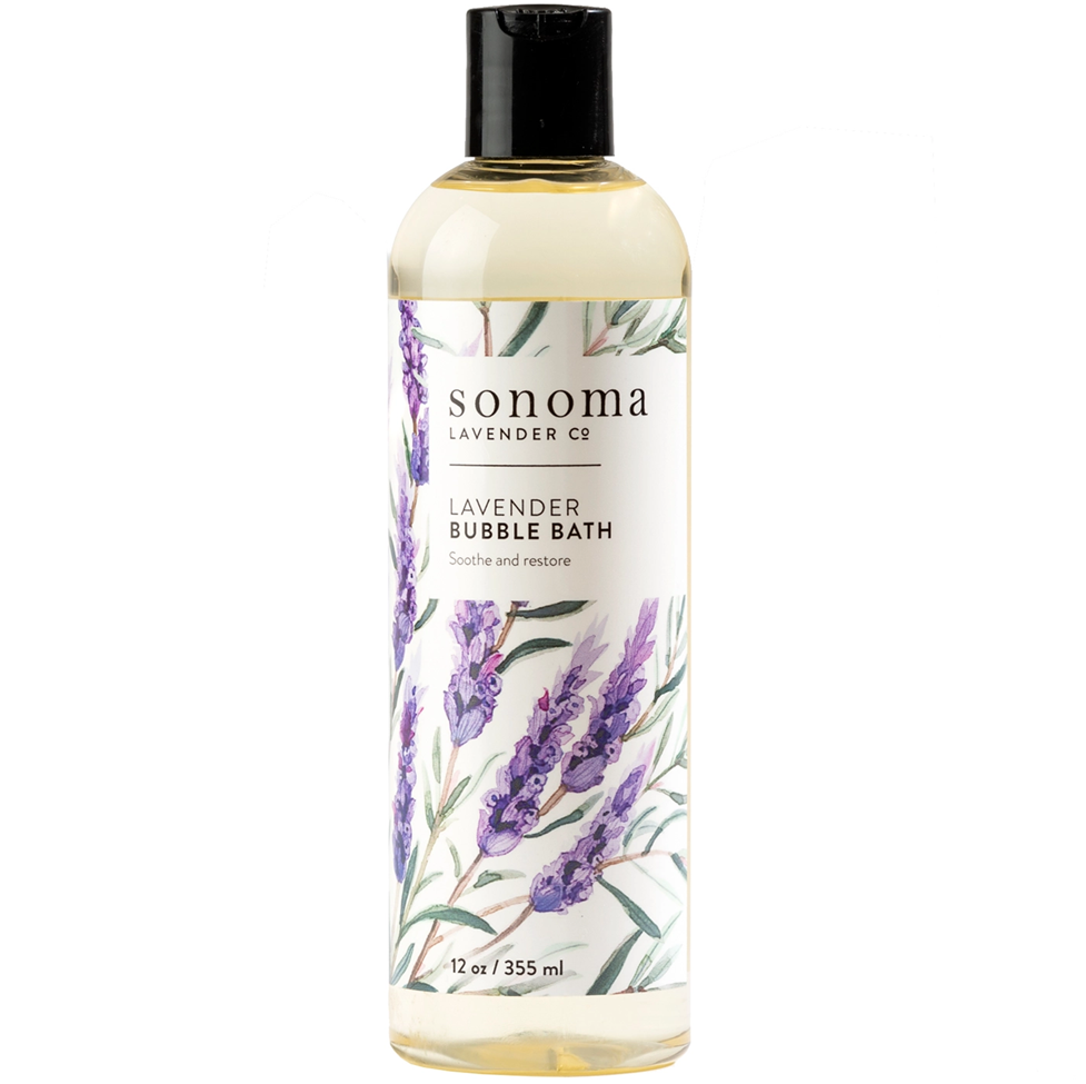 Bottle of Sonoma Lavender Bubble Bath with lavender design on a white background