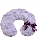 Fluffy lavender neck pillow with a pink satin bow on a white background