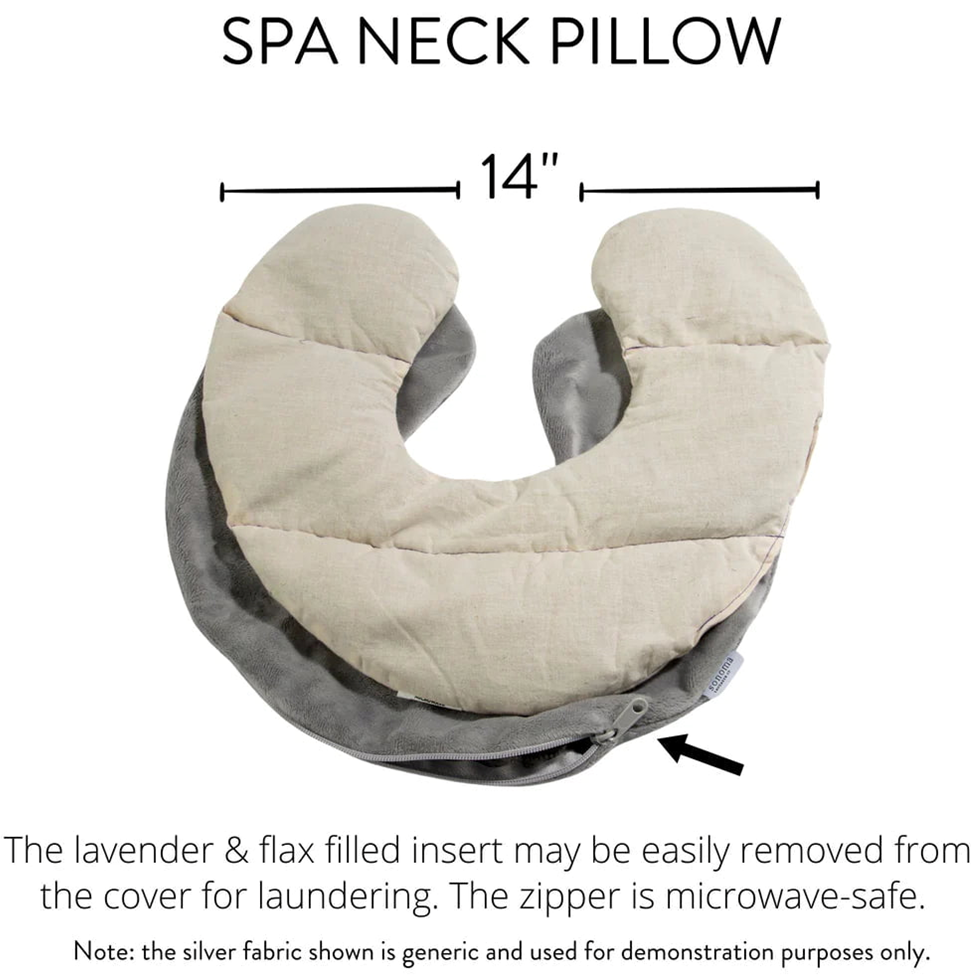 SPA neck pillow with dimensions and lavender/flax fiber information on a white background