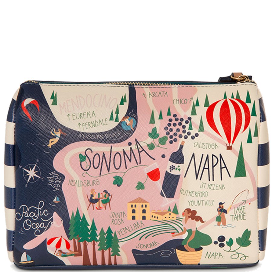 Cosmetic bag with Sonoma and Napa themed design on a white background