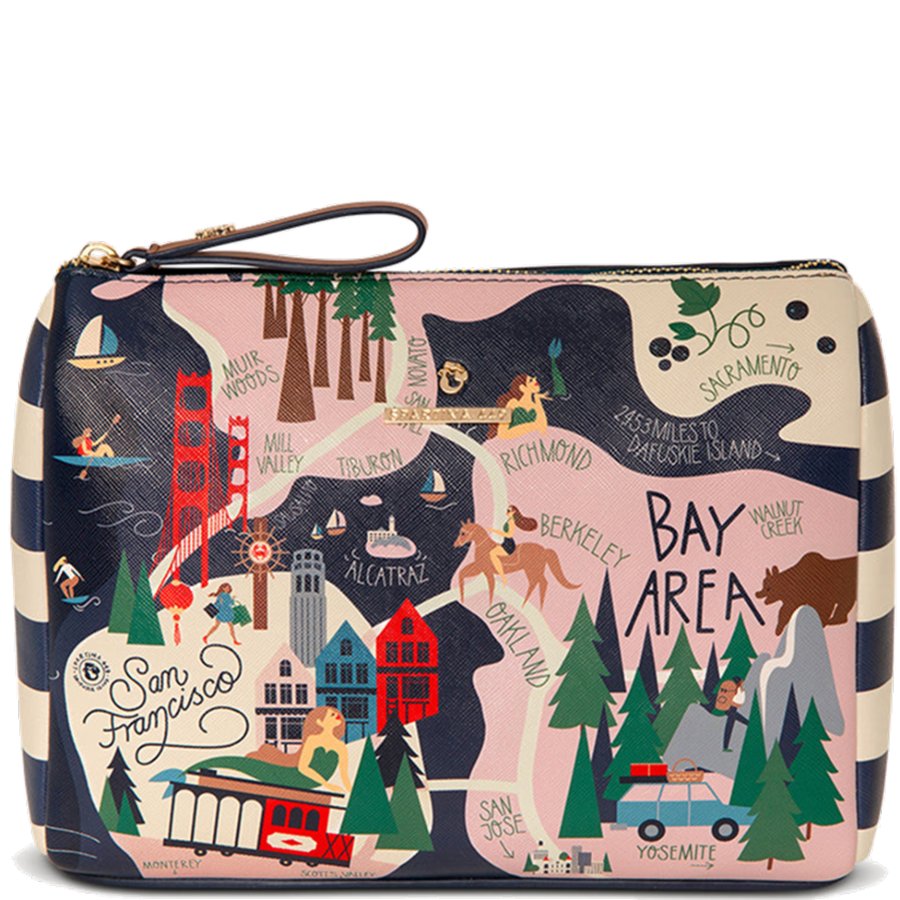 Cosmetic bag with Bay Area-themed design on a white background