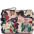 Cosmetic bag with Bay Area-themed design on a white background