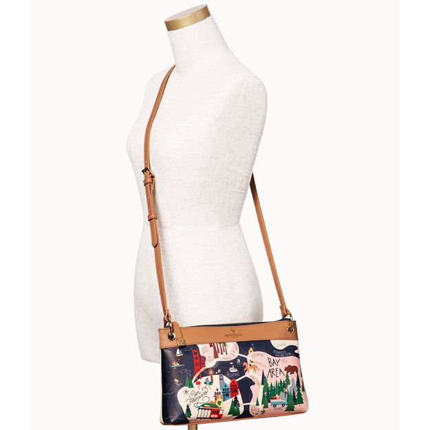 Crossbody bag with a colorful design on a mannequin against a white background