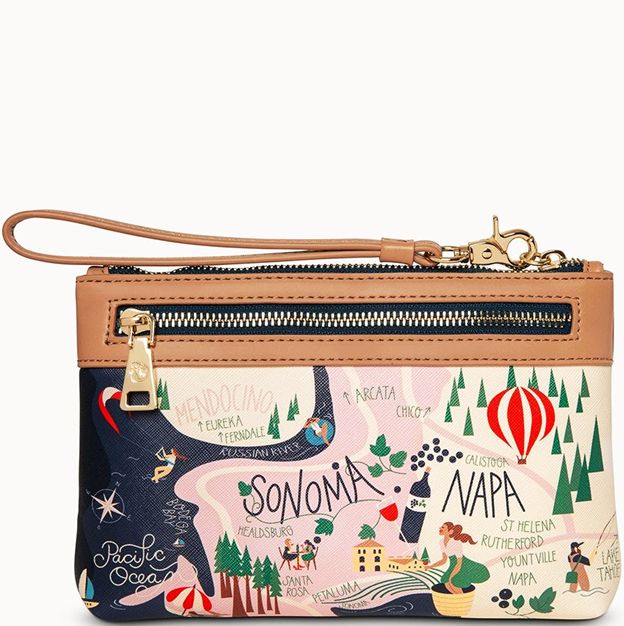 Wristlet purse with Sonoma and Napa illustrations on a white background