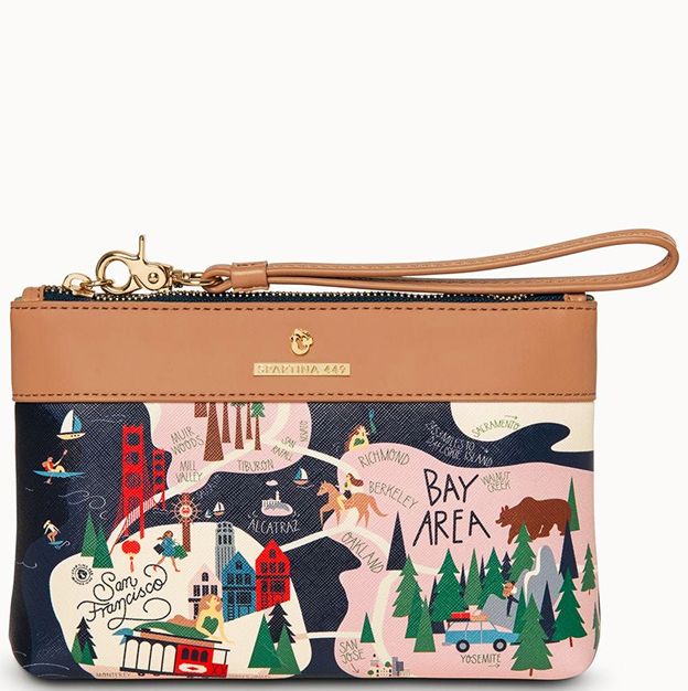 Pouch with Bay Area-themed design featuring landmarks and illustrations on a white background