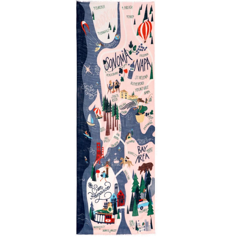 Illustrated map of California with various cities and landmarks on a white background