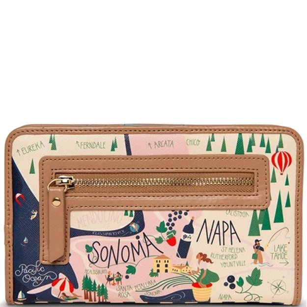 Multicolored wallet with travel-themed design on a white background