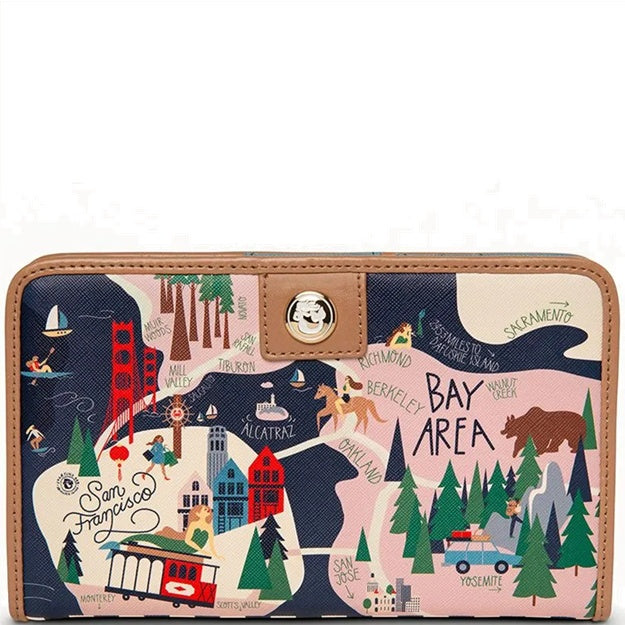 Wallet with Bay Area-themed design featuring landmarks and illustrations on a white background