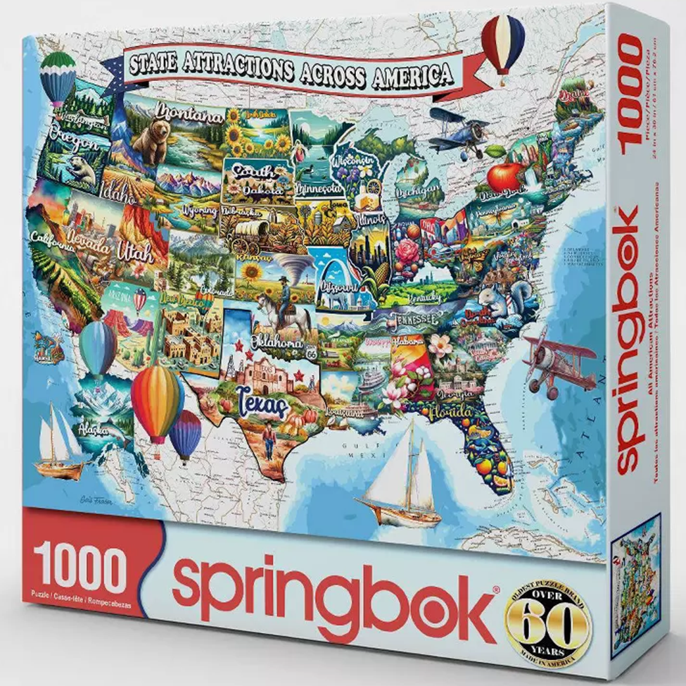 Springbok puzzle box featuring a map of America with various attractions