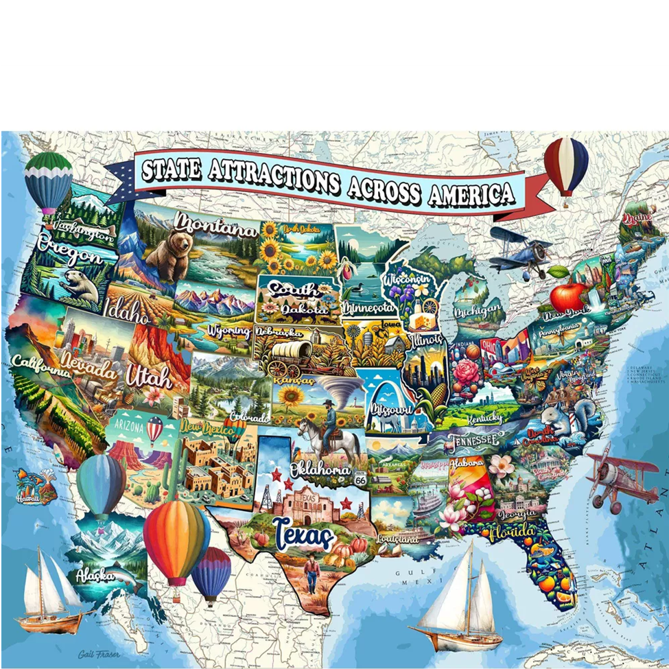 Map of the United States with attractions across America