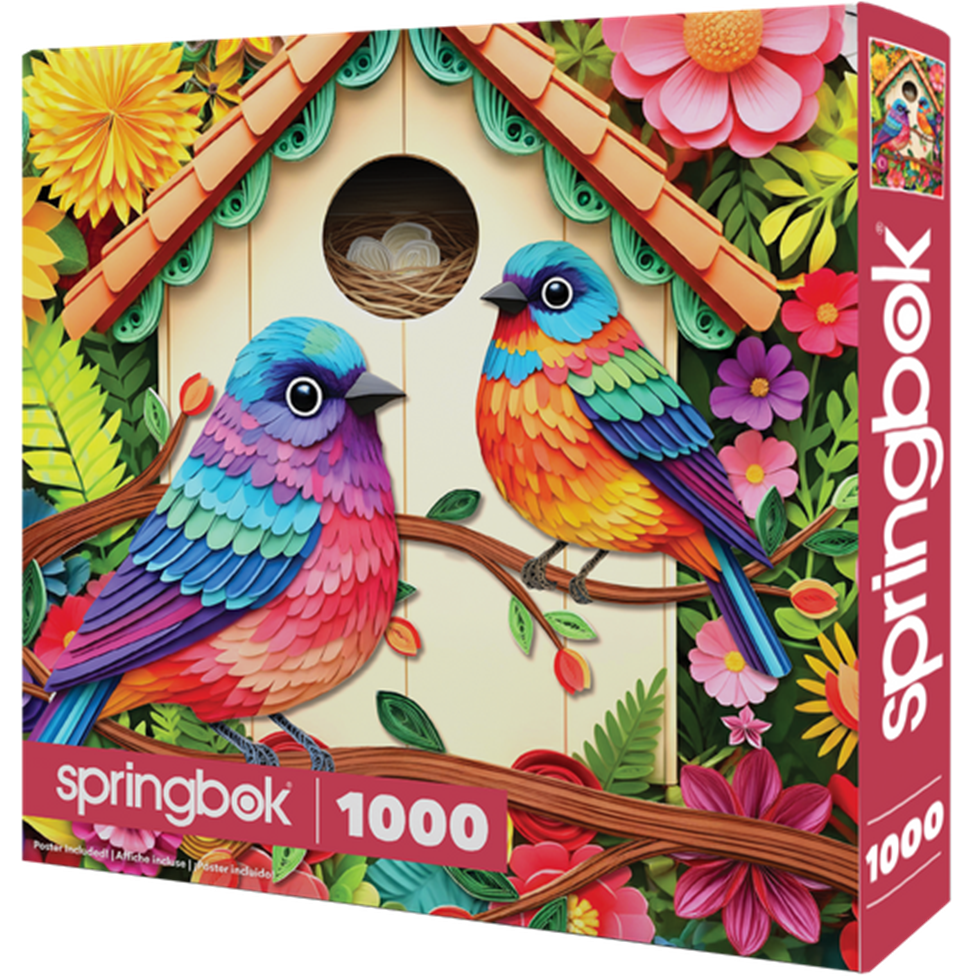 Colorful birdhouse puzzle box with birds and flowers, featuring Springbok branding.