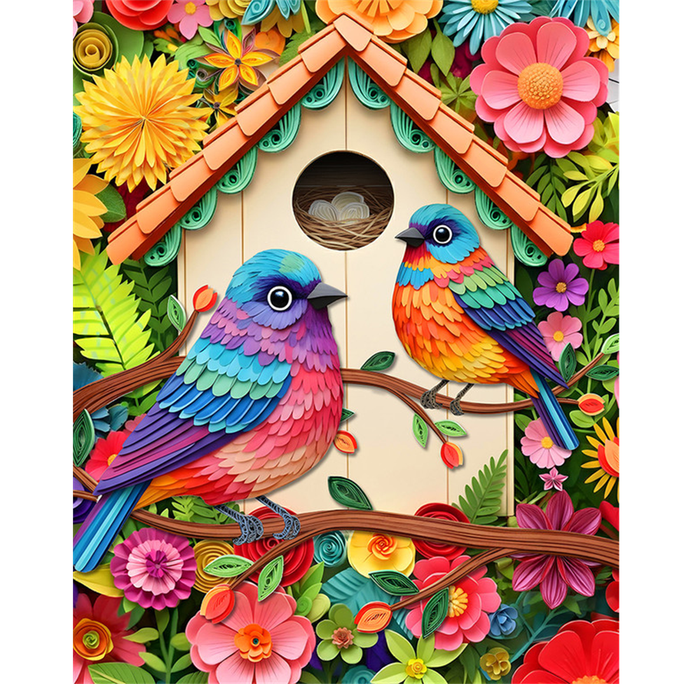 Colorful illustration of two birds on a branch with a birdhouse and flowers.