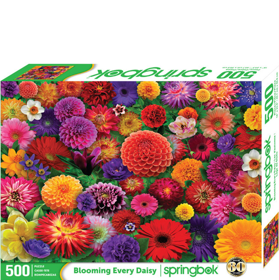 Springbok 500-piece puzzle box with colorful flowers on a white background