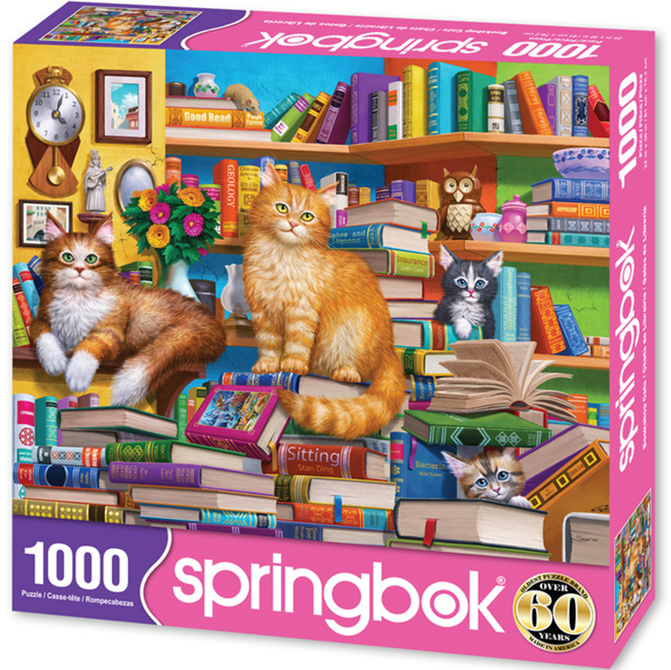 Springbok 1000-piece puzzle box with cats on books