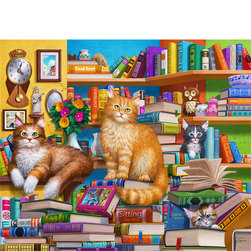 Illustration of cats on a bookshelf with books and decorative items