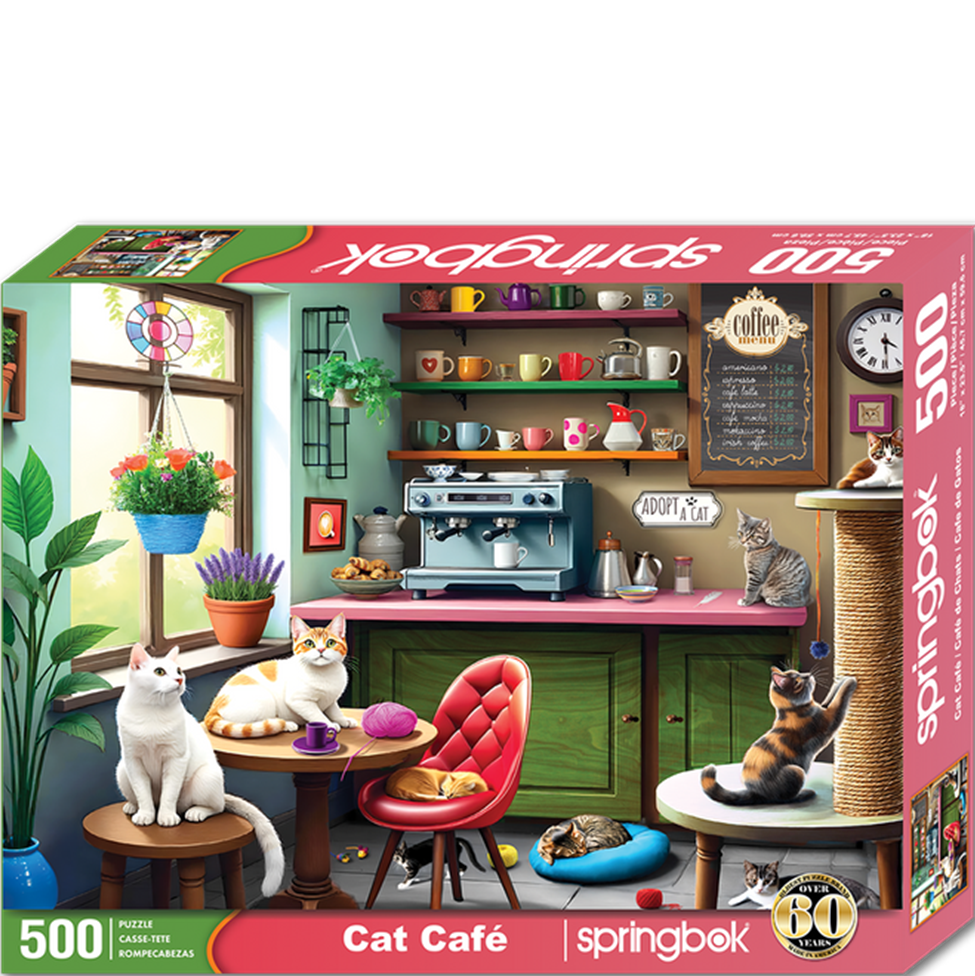Springbok Cat Café puzzle box with a cat-themed scene and '500' on the packaging.
